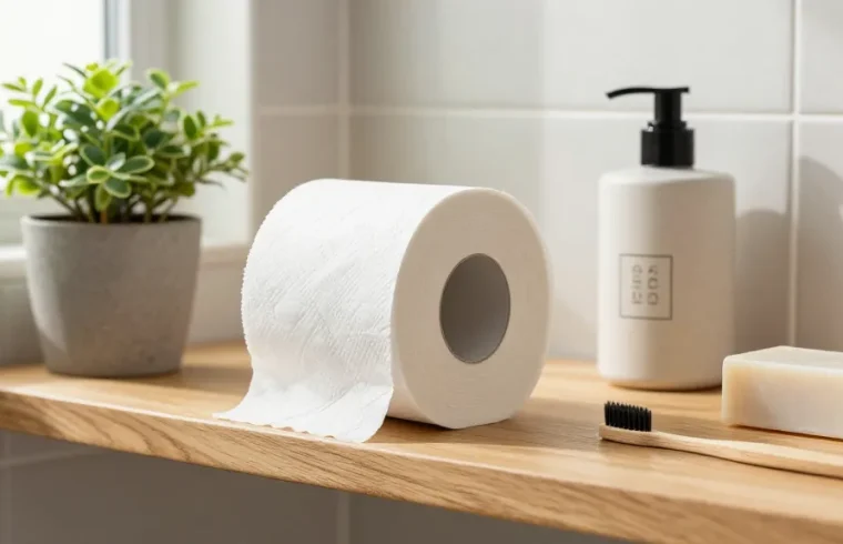 Bamboo toilet roll featured in an eco-friendly bathroom setting with a potted plant, emphasizing sustainability and natural living.