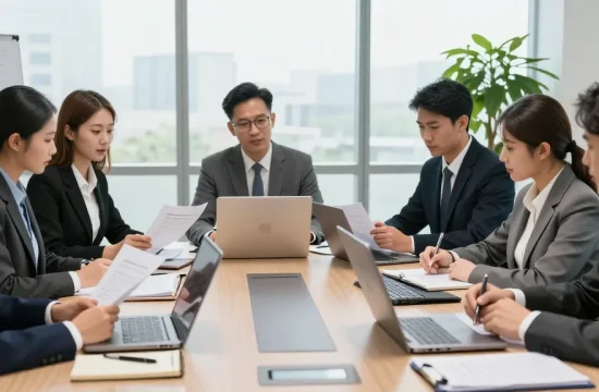Lawyers collaborating in a modern office environment discussing legal strategies, showcasing professionalism and teamwork, her comment is here.