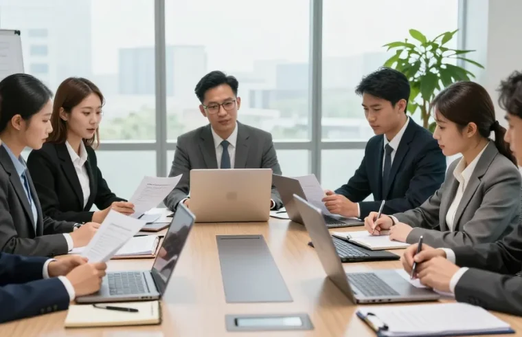 Lawyers collaborating in a modern office environment discussing legal strategies, showcasing professionalism and teamwork, her comment is here.