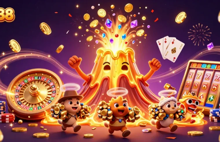Experience thrilling gaming at NH88 with a gold volcano erupting treasures amid casino excitement.