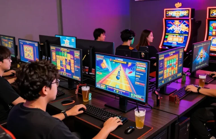 A group of players enjoying slot gacor games in a vibrant online gaming environment.