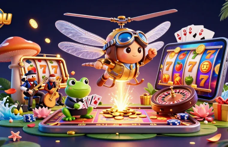 Engage in the vibrant world of nohu with our illustrated casino scene, featuring a dynamic dragonfly pilot and frog croupier.