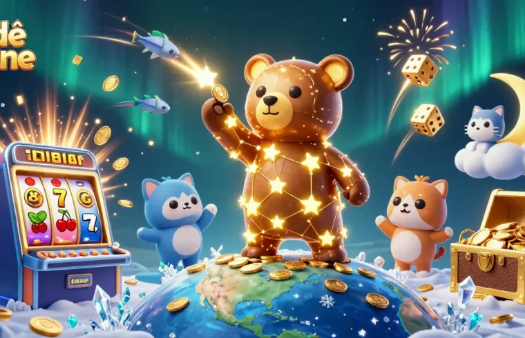 Engaging lô đề online scene with constellation bear, coins, and jackpot slot machine bursting.