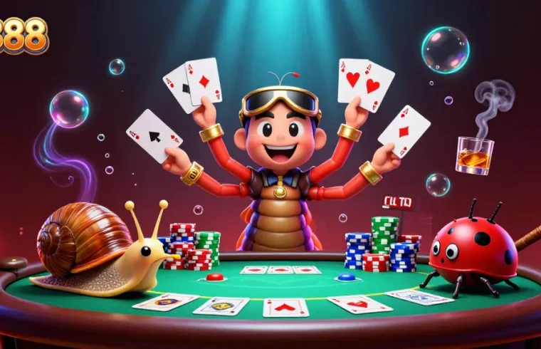 Experience Pe888 with a lively casino scene featuring card-playing characters and vibrant elements.