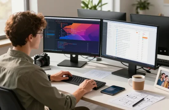 Developer building internal tools with AI in a modern workspace, showcasing coding, project management, and personal elements.