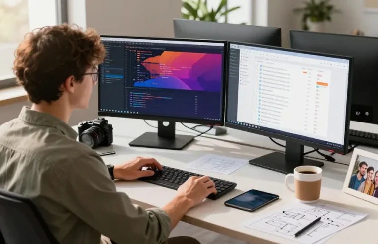 Developer building internal tools with AI in a modern workspace, showcasing coding, project management, and personal elements.