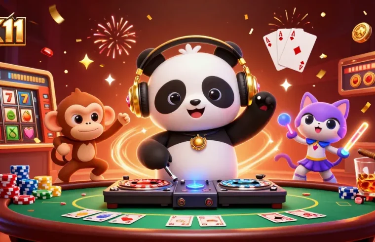 Engage with TK11's vibrant and dynamic 3D casino scene showcasing slot reels, poker chips, and lively characters.