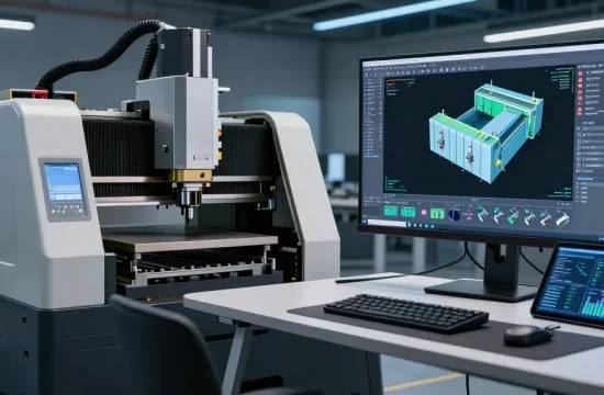 CNC press brake operating in a futuristic workspace with advanced software development tools and real-time data analytics.