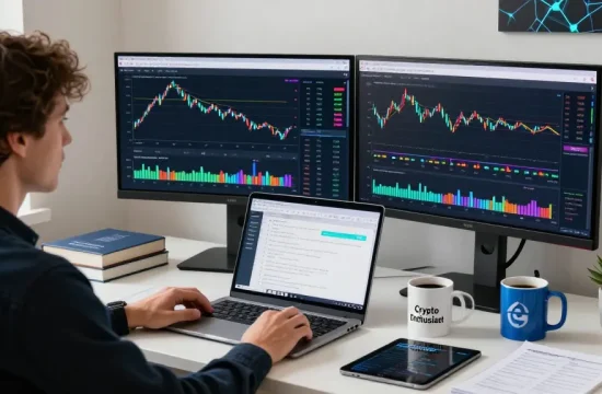 Cross-chain finance workspace with a user engaging with the bungeeexchange interface, showcasing market analytics and blockchain insights.