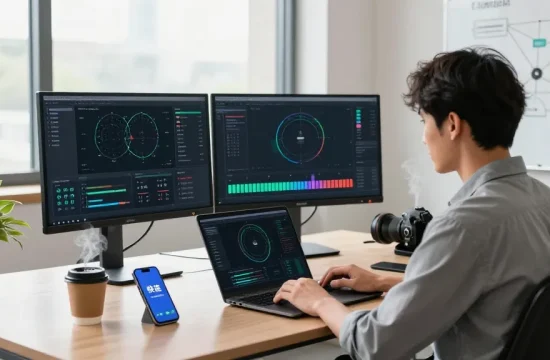 快连用户在现代办公环境中使用多屏设备监控网络性能，展示高效的网络加速体验。