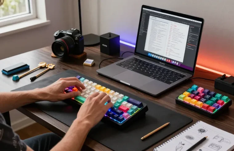 Enthusiast assembling MCHOSE mechanical keyboard kit with colorful keycaps and PBT switches in stylish workspace.