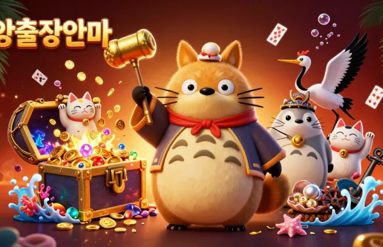 Experience the excitement of 안양출장안마 with cheerful characters, treasure chests, and vibrant casino elements.