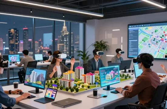 Engaged individuals exploring rokok88 virtual properties with augmented reality in a modern workspace.