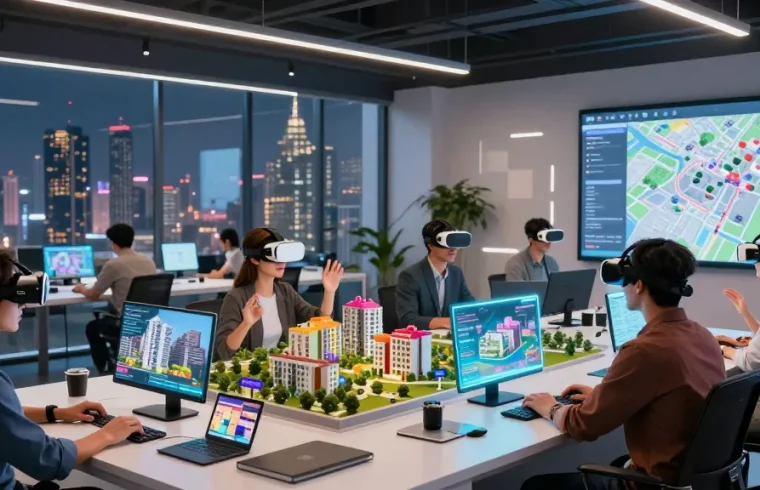 Engaged individuals exploring rokok88 virtual properties with augmented reality in a modern workspace.