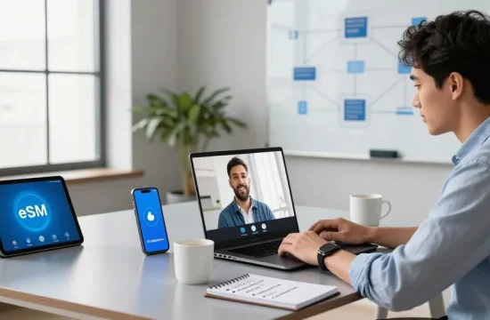 Acheter eSIM à travers une réunion virtuelle avec un professionnel et des appareils numériques dans un environnement de bureau moderne.