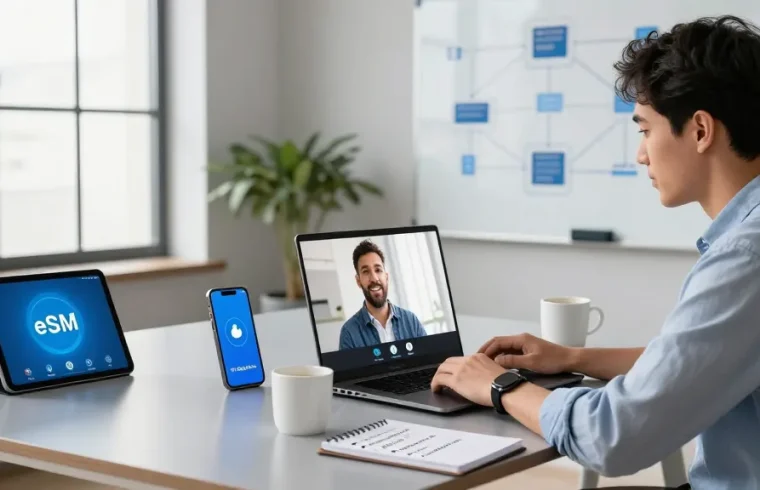 Acheter eSIM à travers une réunion virtuelle avec un professionnel et des appareils numériques dans un environnement de bureau moderne.