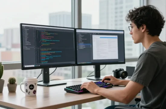 https://siren.clickn.co.kr/에서 소프트웨어 엔지니어가 듀얼 모니터로 코딩하는 현대적 작업 공간입니다.