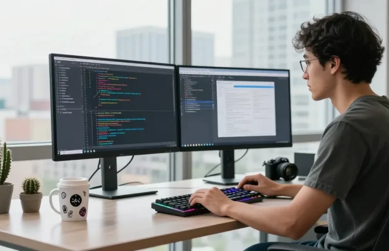 https://siren.clickn.co.kr/에서 소프트웨어 엔지니어가 듀얼 모니터로 코딩하는 현대적 작업 공간입니다.