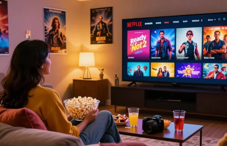 Enjoying movies4u's latest releases on a cozy couch during movie night with snacks.