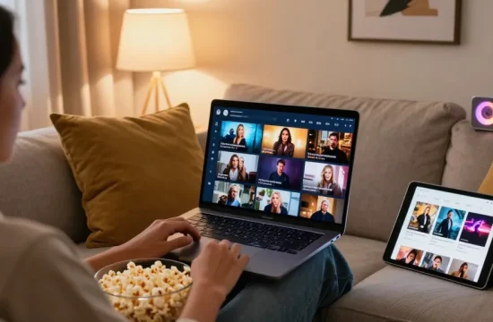 An individual enjoying high-quality adult films from https://av66th.com/ in a comfortable setting with soft lighting and a laptop.