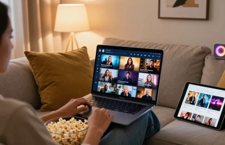 An individual enjoying high-quality adult films from https://av66th.com/ in a comfortable setting with soft lighting and a laptop.