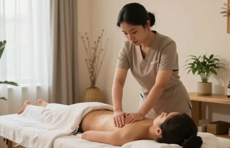 마사지 치료실에서 스웨디시 마사지를 받는 고객과 치료사