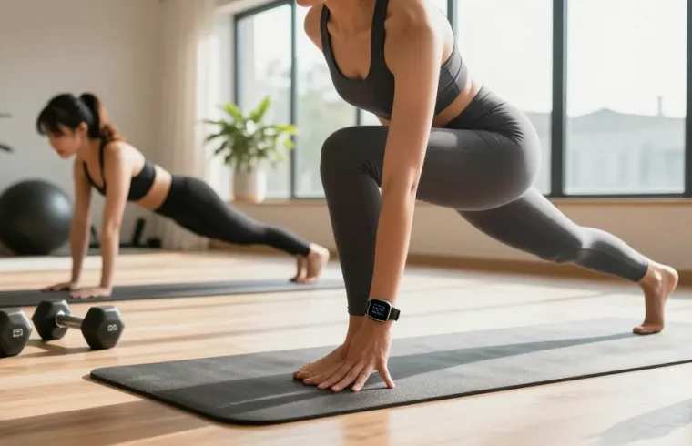Penggunaan https://www.polarfitbitshop.com/fitbit-luxe/ di gym rumah modern saat berolahraga dengan lingkungan yang cerah dan energik.