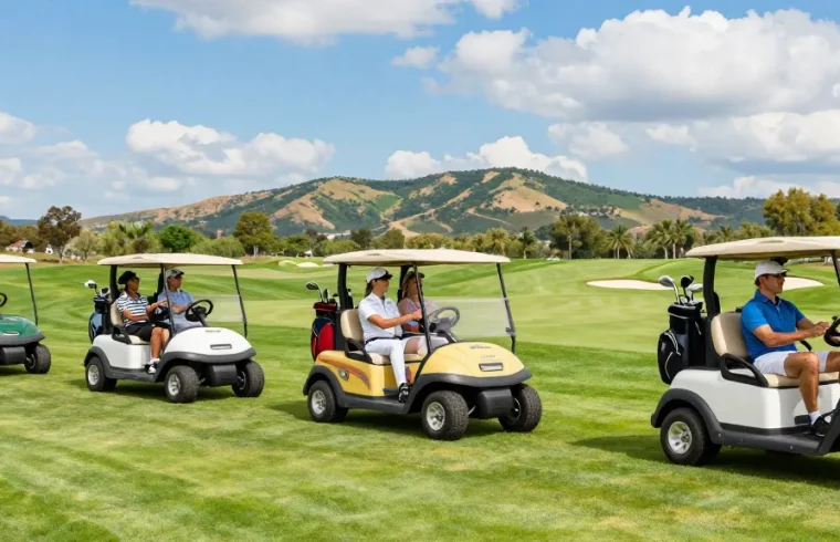 Golf cart for sale USA showcased in a vibrant golf course scene with friends enjoying a playful day outdoors.