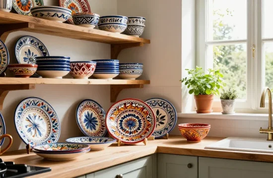 Handcrafted Italian Ceramics on display, showcasing vibrant patterns and colors in a rustic kitchen.