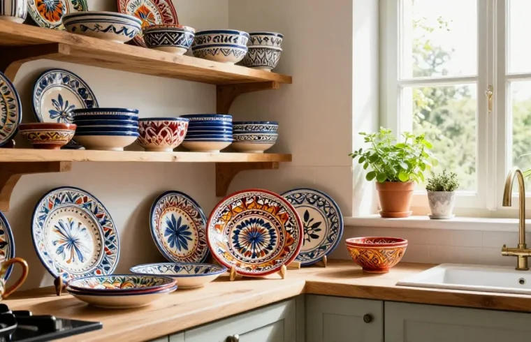 Handcrafted Italian Ceramics on display, showcasing vibrant patterns and colors in a rustic kitchen.