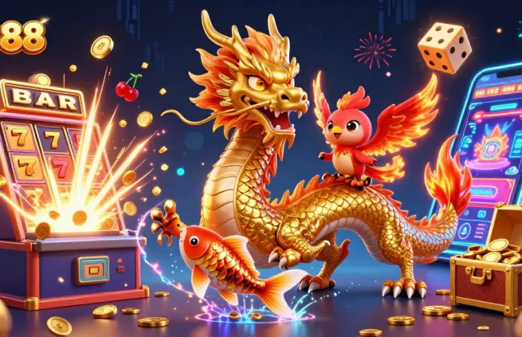 Engage with GG88’s exciting world through a vibrant 3D casino illustration featuring a majestic dragon and playful phoenix.