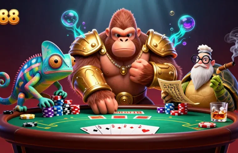 Engage in thrilling poker action with GG88 as characters battle on a vibrant casino stage.