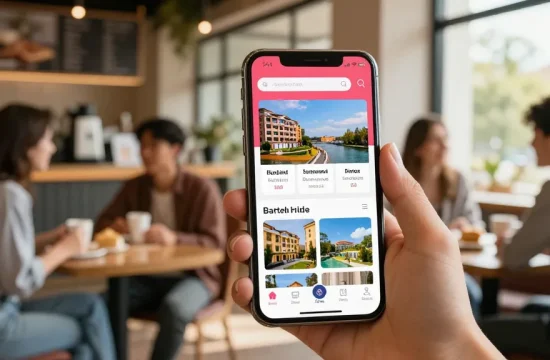 Customers using rokok88 to book a hotel in a vibrant café.