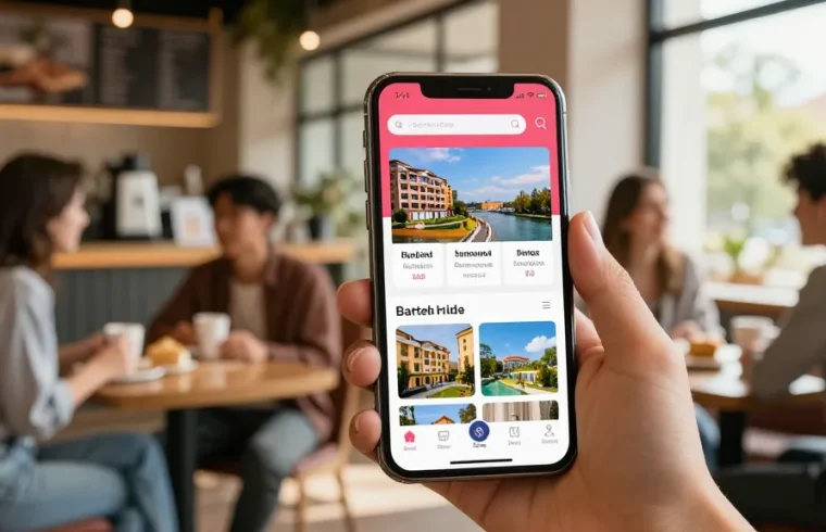 Customers using rokok88 to book a hotel in a vibrant café.
