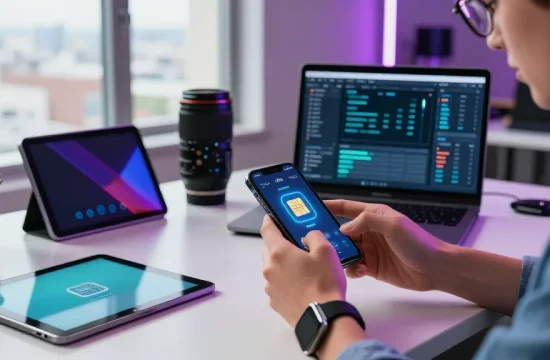 ما هو eSIM؟ شخص يعمل في بيئة تقنية عالية مع هاتف ذكي يظهر واجهة بطاقة SIM افتراضية.