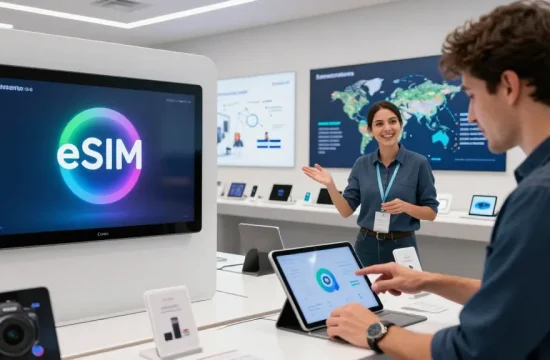 Comprar eSIM em um ambiente de varejo moderno com tecnologia interativa e atendimento ao cliente envolvente.