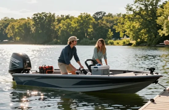 Buy outboard motor USA - Couple joyfully preparing their new outboard motorboat at a scenic lakeside.