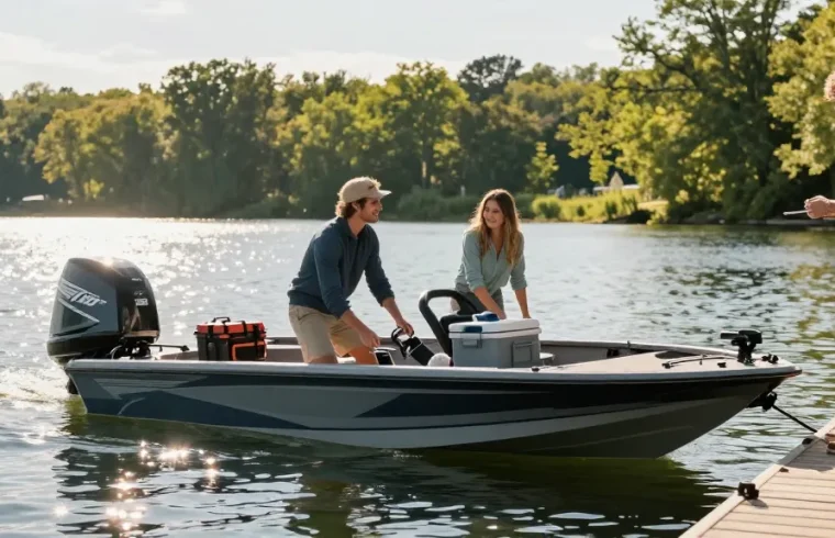 Buy outboard motor USA - Couple joyfully preparing their new outboard motorboat at a scenic lakeside.