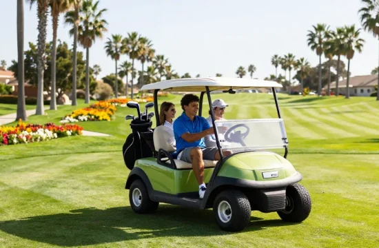 Refurbished golf cart driving through a sunny golf course with friends enjoying their day.