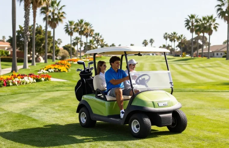 Refurbished golf cart driving through a sunny golf course with friends enjoying their day.