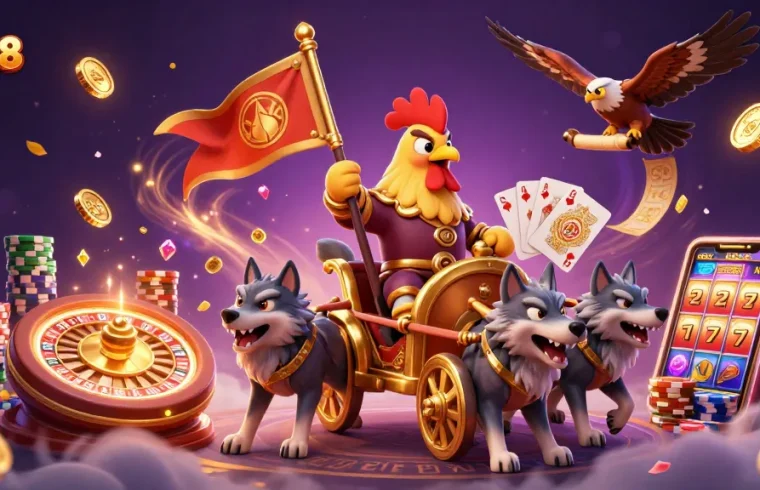 Witness the exhilarating action at NK88, where a rooster warlord leads in a rich, dynamic casino scene!