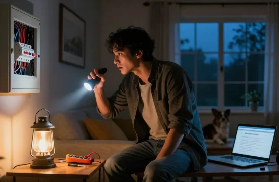 Individual preparing for emergency electrical services during a power outage, flashlight in hand, checking electrical panel.