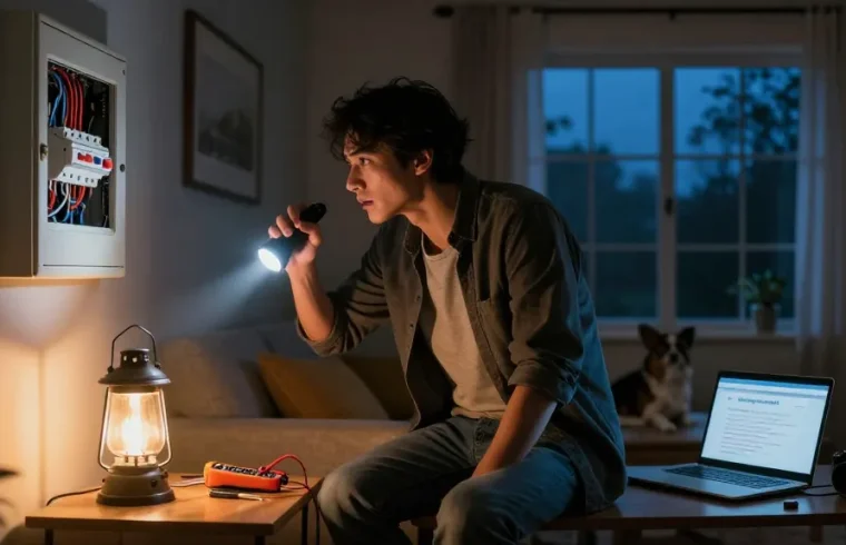 Individual preparing for emergency electrical services during a power outage, flashlight in hand, checking electrical panel.