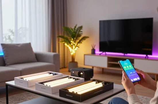 Iluminatul modern cu banda led în living elegant, smartphone în utilizare pentru setări personalizate