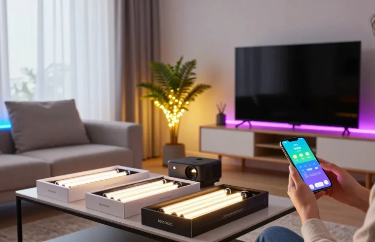Iluminatul modern cu banda led în living elegant, smartphone în utilizare pentru setări personalizate
