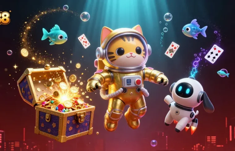 Engage in exciting gaming adventures with TK88's dynamic 3D illustration featuring vibrant characters and casino elements.