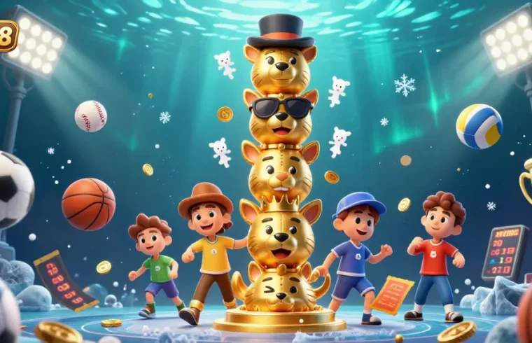 Experience dynamic sports action at Bet88's 3D casino with vibrant characters and lively gambling elements.