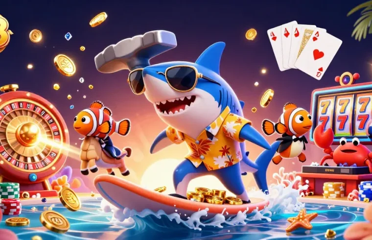 Experience z8 excitement with the hammerhead shark surfing on gold coins amidst casino action.