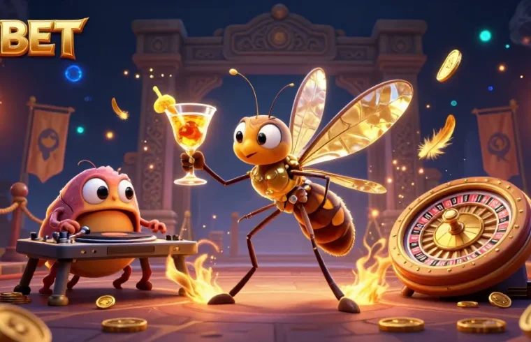 E2BET brings excitement with a 3D illustration of a casino mascot and gambling elements.