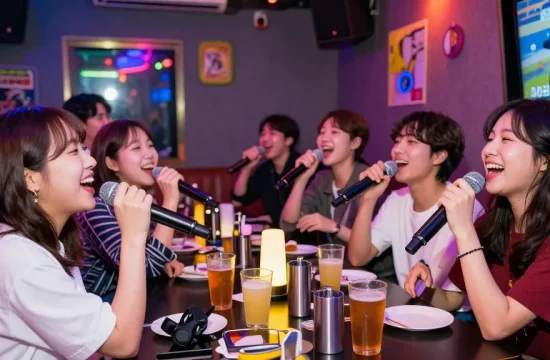인천쓰리노에서 친구들과 즐거운 시간을 보내는 모습, 노래방 내부와 생동감 넘치는 분위기를 담은 이미지
